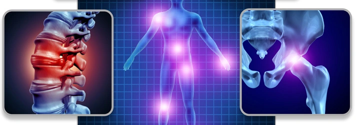 Medical-style illustrations highlight areas of spinal, pelvic, and joint pain within the human body.